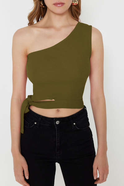 Trendyol Collection Oil Green One-Shoulder Lacing Detail Ribbed Knitted Blouse - Twoss22Bz1558