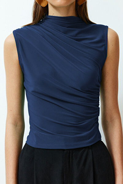 Trendyol Collection Εύκαμπτη πλεκτή μπλούζα Indigo Zero Sleeve Gathered που κάθεται στο σώμα TWOSS24BZ00486