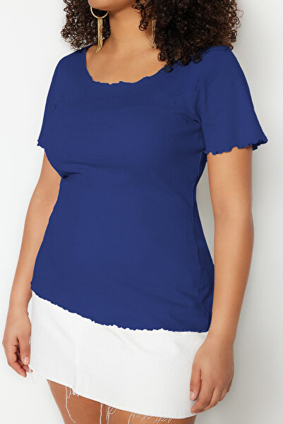 Trendyol Curve Μπλε ριμπ γιακάς πισίνας πλεκτή μπλούζα μεγάλου μεγέθους TBBSS23BF00010