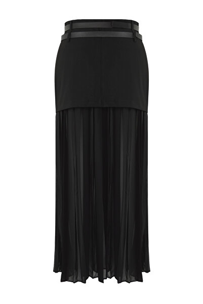 Trendyol Collection Limited Edition Black Chiffon Pleated Belted Woven Skirt Twoss25Et00108