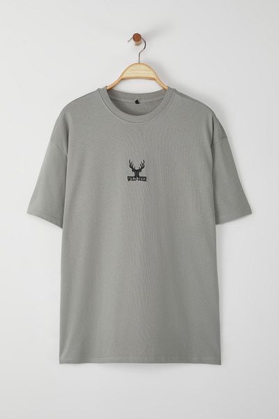 Trendyol Collection Grey Oversize T-Shirt with Deer Embroidery - 100% Ok, Tmnss24Ts00055