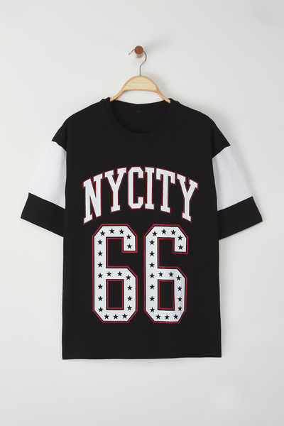 Trendyol Collection Black College Oversize/Wide Cut 100% Cotton Printed Tok F...
