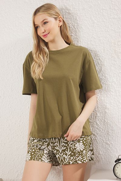 Trendyol Collection Single Jersey Khaki Shawl Print Shorts Pajamas Set - Thmss25Pt00209
