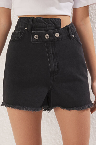 Trendyol Collection Black High Waist Double Breasted Denim Shorts - More Sustainable, Ripped Twoss25Sr00047