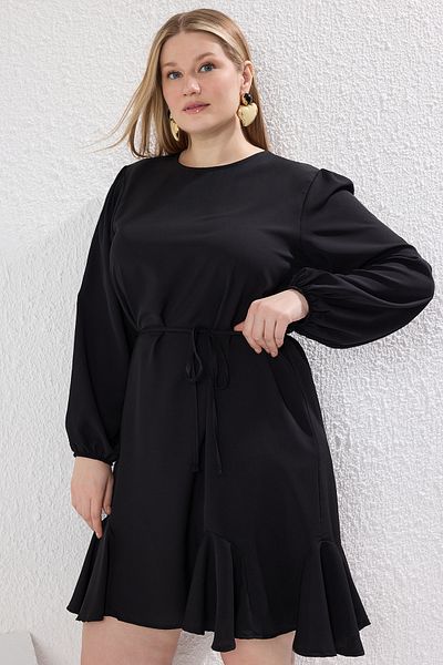 Trendyol Curve Black Long Balloon Sleeve Woven Midi Plus Size Dress Tbbaw25Ah00095
