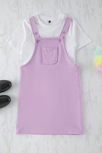 TRENDYOLKIDS Lilac Dievčenské bavlnené flexibilné tričko-giletová súprava Slávnostné pletené šaty TKDSS25EL00045