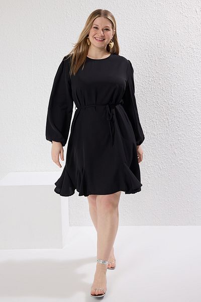 Trendyol Curve Black Long Balloon Sleeve Woven Midi Plus Size Dress Tbbaw25Ah00095