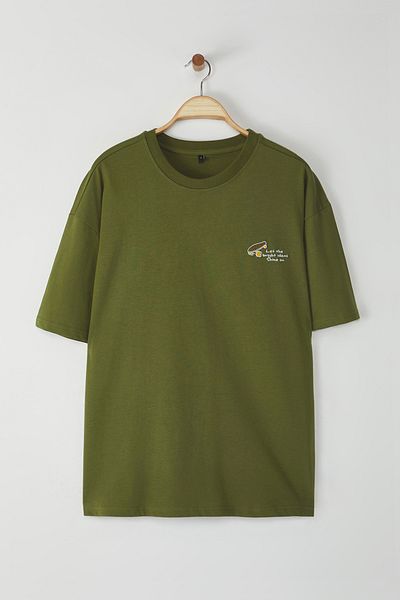 Trendyol Collection Χακί Χρώμα Oversize Κεντημένο Βαμβακερό T-Shirt - TMNSS25TS00160