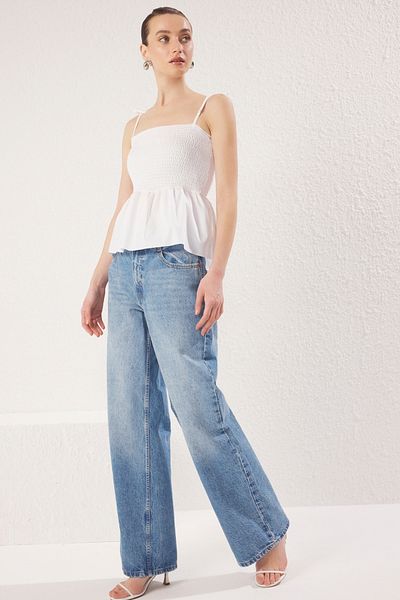 Trendyol Collection Ecru Cotton Poplin Detailed Strap Guipes Stretchy Knitted Blouse Twoss24Bz00393