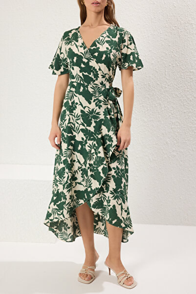 Trendyol Collection Květinové midi tkané šaty se zeleným páskem TWOSS25EL00141
