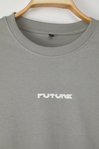 Trendyol Collection Grey Oversize/Wide Fit Fluffy Printed 100% T-Shirt Tmnss23Ts00171