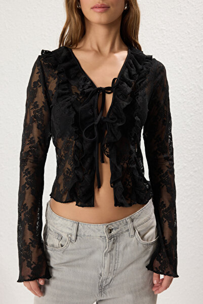 Trendyol Collection Black Lace Fitted/Skin-Fitting Gather/Drape and Tie Detail Stretchy Knitted Blouse Twoss25Bz00270