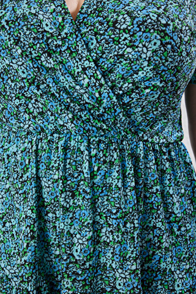 Trendyol Curve Petrol V-Neck Floral Print Stakter Knitted Plus Size Dress Tbbss22El1638