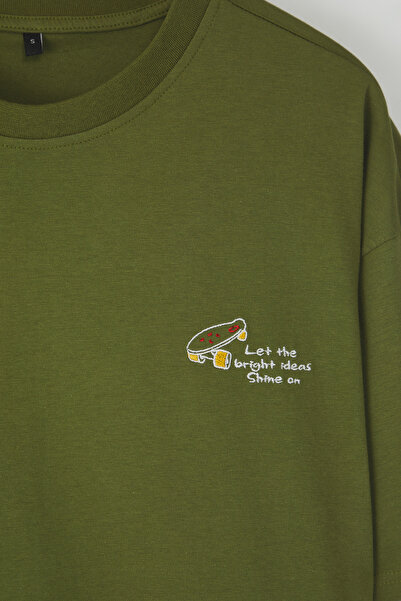 Trendyol Collection Khaki Color Embroidery Detailed Oversize Cotton T-Shirt - Tmnss25Ts00160
