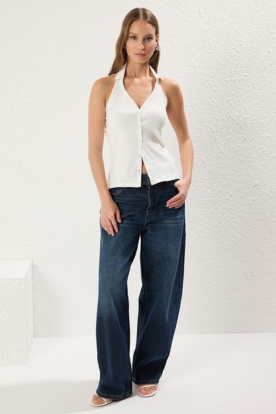 Trendyol Collection Polo Neck Zipper Ecru Knitted Blouse - Sleeveless, Body-Fitting Twoss25Bz00078