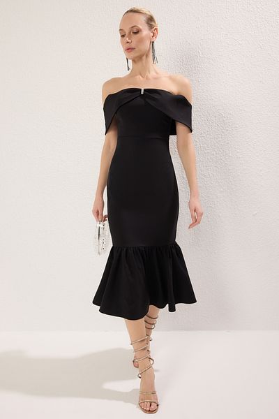 Trendyol Collection Rochie neagră cu fundă simplă țesută Finike Midi Necăptușită șic/de seară