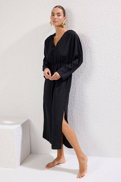 Trendyol Collection Černé maxi tkané plážové šaty Tbess25El00037