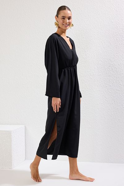 Trendyol Collection Černé maxi tkané plážové šaty Tbess25El00037