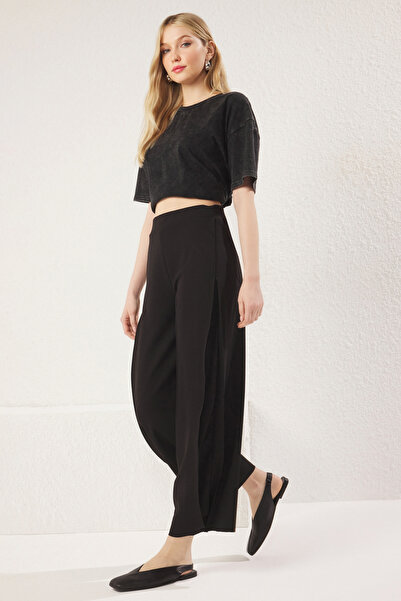 Trendyol Collection Black Side Pleated High Waist Stretchy Knitted Trousers Twoss25Pl00054