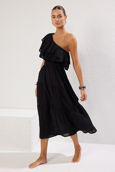 Trendyol Collection Beachwear Schwarzes Maxikleid mit gewebter Schulterpartie und Volant in Leinenoptik TBESS25EL00072