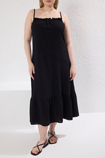 Trendyol Curve Φόρεμα Maxi με υφή ανθρακί μουσελίνας μεγάλου μεγέθους - Strap Beach Clothing TBBSS25AH00096