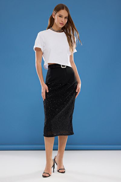 Trendyol Collection Fusta neagră cu paiete uni țesute midi Finike elegantă/noapte