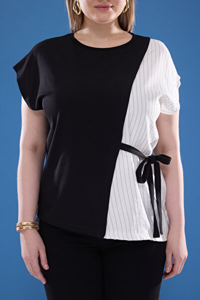 Trendyol Curve Μαύρο δεμένο ριγέ ύφασμα Λεπτομέρεια πλεκτή μπλούζα μεγάλου μεγέθους TBBSS25AF00086