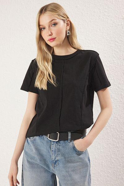 Trendyol Collection Black Knitted T-Shirt - 100% Cotton, Sewing Detail, Regular Fit Twoss25Ts00135