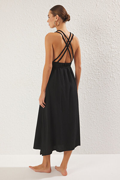 Trendyol Collection Černé maxi tkané plážové šaty s vlečkou - 100% bavlna TBESS23EL00070