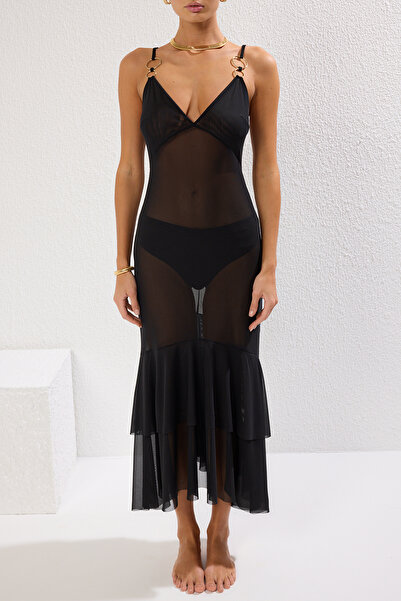 Trendyol Collection Μαύρο Maxi πλεκτό διάφανο φόρεμα παραλίας με αξεσουάρ TBESS25EL00054