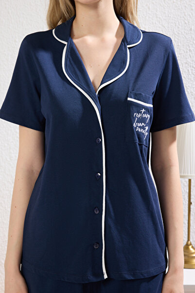 Trendyol Collection Navy Blue Viscose Single Jersey Shorts Pajama Set - Thmss25Pt00254