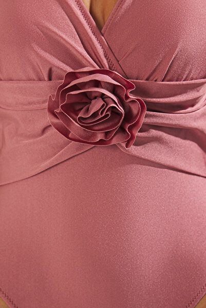 Trendyol Collection Pink*003 Plain Deep-V-Badeanzug mit Applikation und Trägern