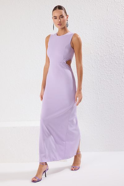Trendyol Collection Fliederfarbenes, gerades, mit Steinen bedrucktes, gewebtes Finike-Maxikleid für Abend und Heimkehr