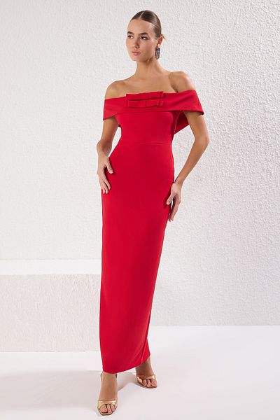 Trendyol Collection Rotes, gerades, gerades, gewebtes Finike-Maxikleid mit Schleife und Heimkehrkleid