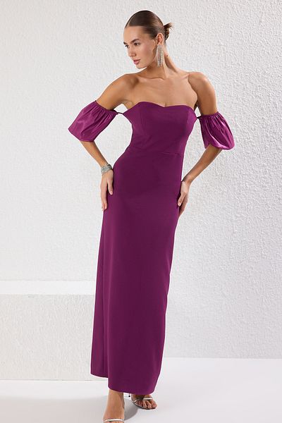 Trendyol Collection Pflaumenfarbenes, gerades, gerades, gewebtes Finike-Maxikleid für Abend und Heimkehr