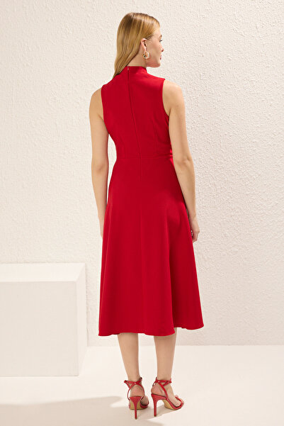 Trendyol Collection Red Button Detail Skirt Waist Opening Midi Woven Dress Twoss25El00213