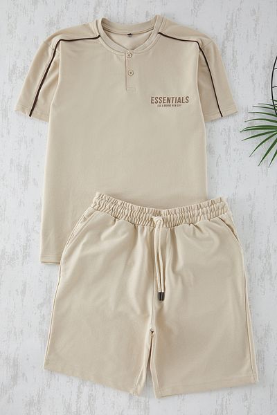 Trendyol Collection Sada pyžama s béžovým knoflíkem a pletené šortky s légou - Tmnss25Pt00005