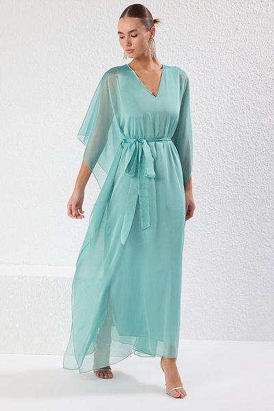 Trendyol Collection Mint V Neck Chiffon Woven Maxi Stylish Evening Dress Tprss25Ae00044