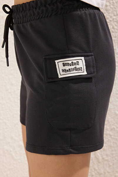 Trendyol Collection High Elastic Anthracite Waist Knitted Shorts - with Pocket Detail, Slogan Twoss25Sr00052