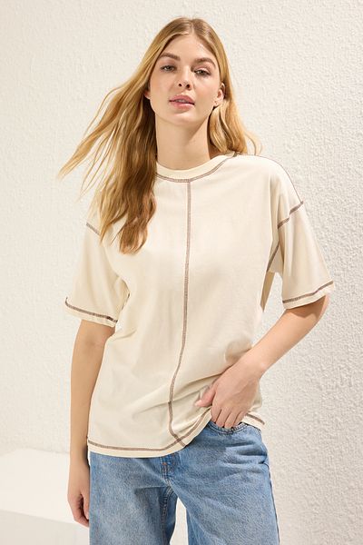 Trendyol Collection Karkoya genähtes T-Shirt aus 100 % Baumwolle in Übergröße – TWOSS24TS00184