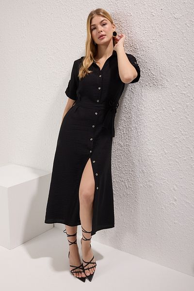 Trendyol Collection Black Belted Straight Belt Midi Woven Dress Twoss24El00226