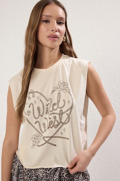 Trendyol Collection T-Shirt Crew Neck Crop - 100% βαμβάκι, εμπριμέ με πέτρα, αμάνικο - TWOSS23TS00122