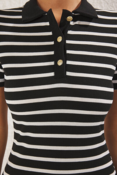 Trendyol Collection Black Striped Polo Neck Midi Stretchy Knitted Dress Twoss25El00360