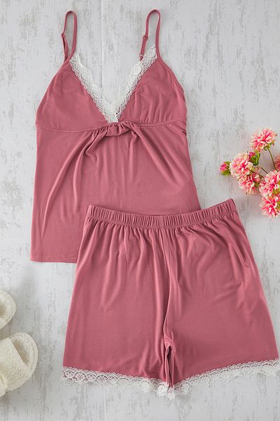 Trendyol Curve Viscose Dusty Rose pizsama szett - V-nyakú, csipke részlet TBBSS25AI00036
