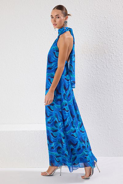 Trendyol Collection Mehrfarbiges, abstraktes, mit Chiffon gefüttertes, gewebtes, langes, stilvolles Abendkleid TPRSS25AE00126
