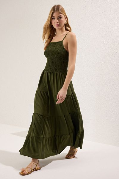 Trendyol Collection Khaki egyenes szoknya derékbőséges Gipeli Maxi szőtt ruha TWOSS25EL00586