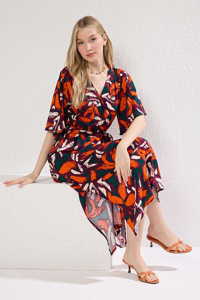 Trendyol Collection Multicolor Belted Floral Print A-Line Double Breasted Neckline Midi Woven Dress Twoss24El00915