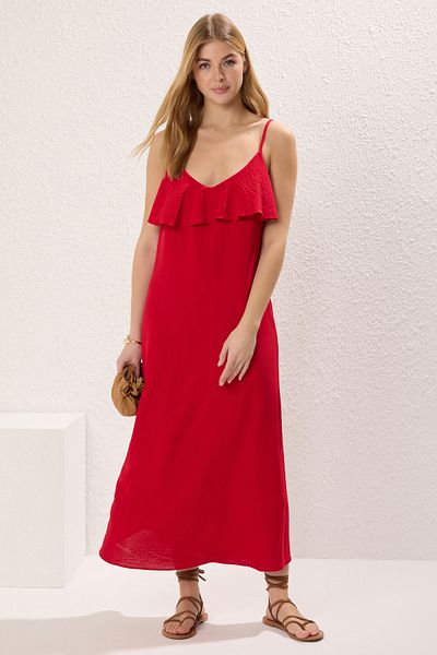 Trendyol Collection Red Straight Straight Cutout Ruffle Maxi Woven Dress Twoss25El00490