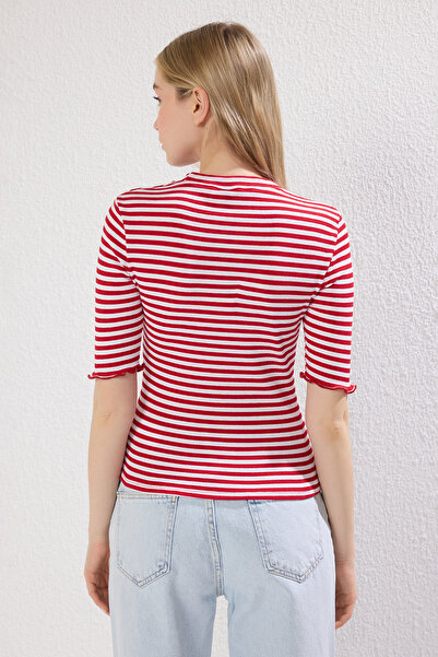Trendyol Collection Crew Neck Stretchy Ribbed Blouse - Red/Ecru Stripe, Body Sitting Twoss23Bz00025