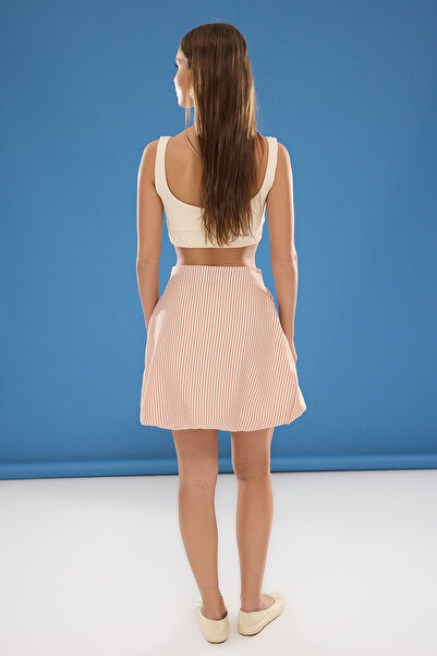 Trendyol Collection Red Striped Seersucker Mini Skirt - Waist Tie and Balloon Detail Twoss25Et00036